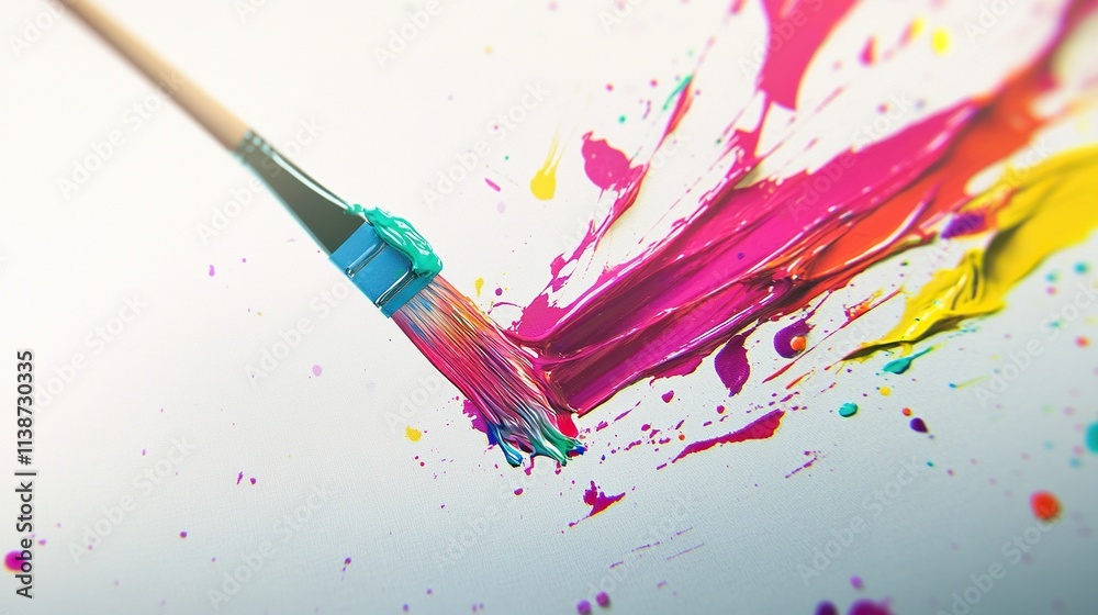 Fototapeta premium Paintbrush creating vibrant colorful strokes on white background.