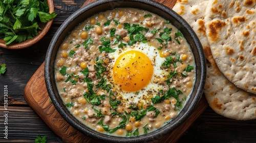 Flavorful traditional dish served with fresh herbs and bread on a wooden table