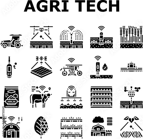 agri tech precision drones iot icons set vector. sensors, robotics, automation, data analytics ai, machinelearning, hydroponics agri tech precision drones iot glyph pictogram Illustrations
