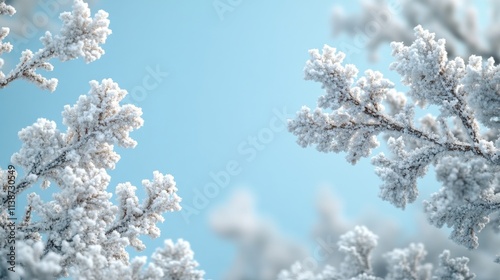 Winter wonderland background with snowflakes and pine branches on blue surface