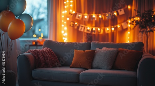 Cozy living room decorated for a celebration with soft lighting and festive b...