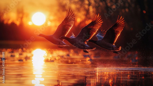 A flock of birds soaring across the sky, silhouetted against the fiery red and orange of the setting sun, the warm light reflecting off their wings as they fly west.