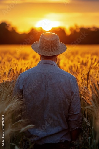 Farmer stands in golden wheat field during sunset reflecting on a bountiful h...