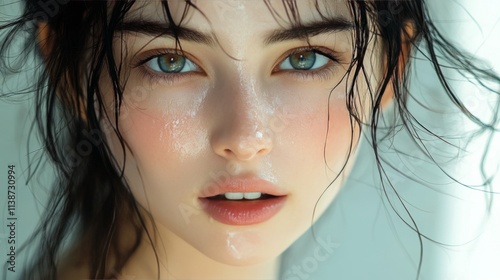 Close up of a young woman with dewy skin and striking blue eyes during natura...