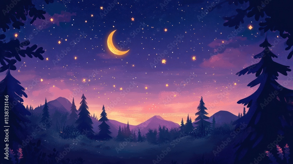 Fototapeta premium Night sky over a forest with crescent moon and stars.