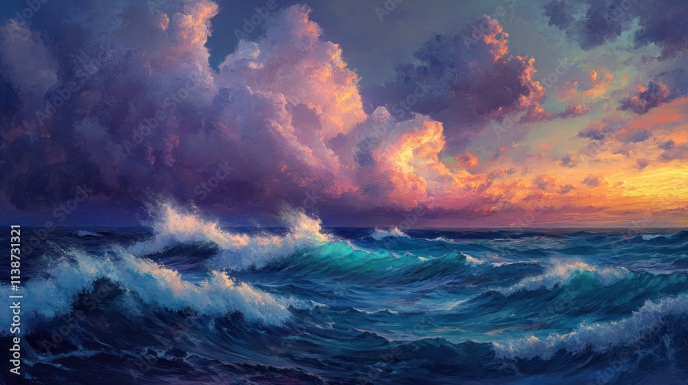 Fototapeta premium Dramatic ocean waves at sunset.