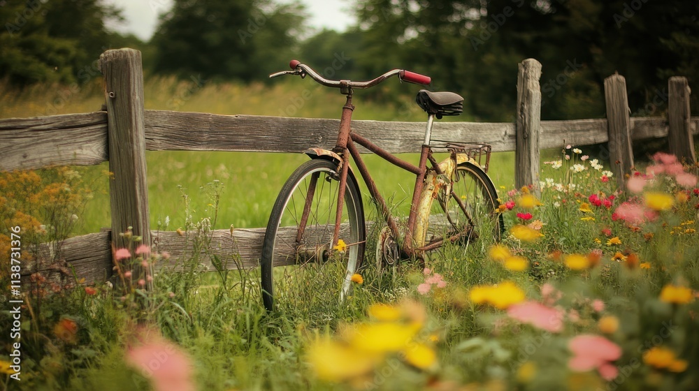 Rustic bicycle leaning against a wooden fence in a vibrant wildflower meadow. Rustic bicycle leaning against a wooden fence in a vibrant wildflower meadow.