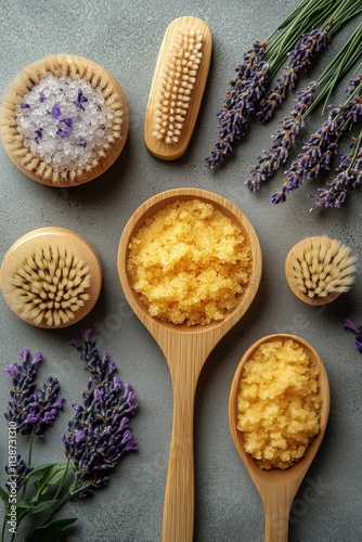 Lavender spa setting with bath salts and wooden brush on a mint green surface