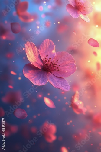 Pink flower petals floating in the air with soft bokeh background during spri...