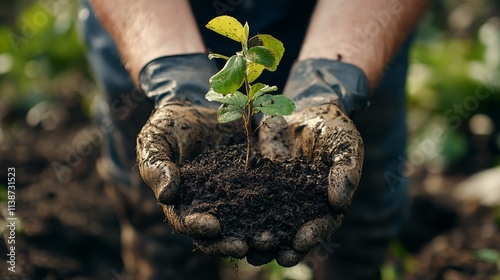 Hands holding a small evergreen tree seedling with soil in a forest setting