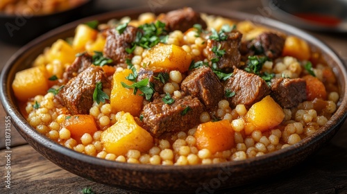 Delicious plate of grilled steak served over couscous with roasted vegetables...