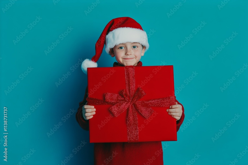 Copyspace. Isolated white brazilian adolescent boy in red red hat with wrapped box in hands, on blue background. Gift opening kid. Christmas design elements. Blue christmas lights. Copyspace. Isolated white brazilian adolescent boy in red red hat with wrapped box in hands, on blue background. Gift opening kid. Christmas design elements. Blue christmas lights.