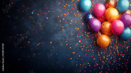 Colorful balloons and confetti create a festive atmosphere for celebration or...