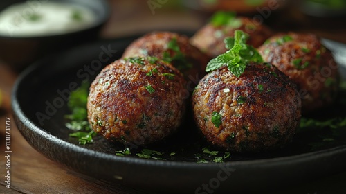 Delicious savory meatballs served on a rustic black plate with fresh herbs