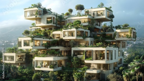 Luxurious modern villa surrounded by lush mountains and greenery at twilight