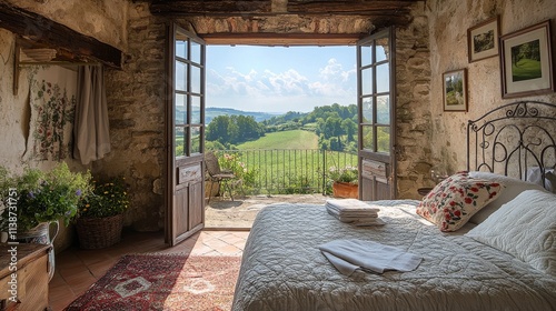 Cozy bedroom with vineyard view on a sunny day in a rustic country home