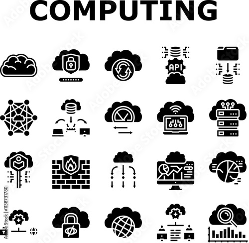 cloud computing virtualization icons set vector. scalability infrastructure, storage security, deployment automation, networking cloud computing virtualization glyph pictogram Illustrations