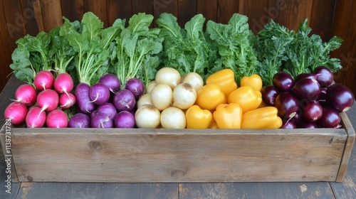 Freshly harvested leafy greens in a rustic wooden crate on a vintage table