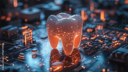 Bright glowing tooth symbol amidst digital elements in a futuristic setting