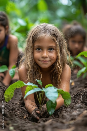 Children participating in community planting activity in lush green environment
