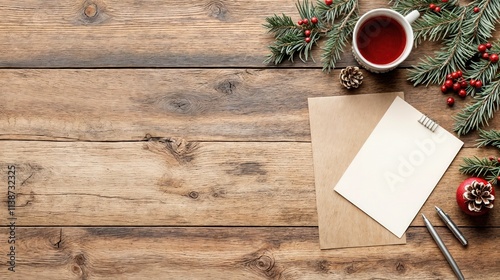 Festive holiday scene with red tea cup, pine branches, blank notebook, and pen on rustic wooden background 