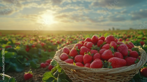 Freshly picked strawberries in a rustic basket surrounded by lush green fields