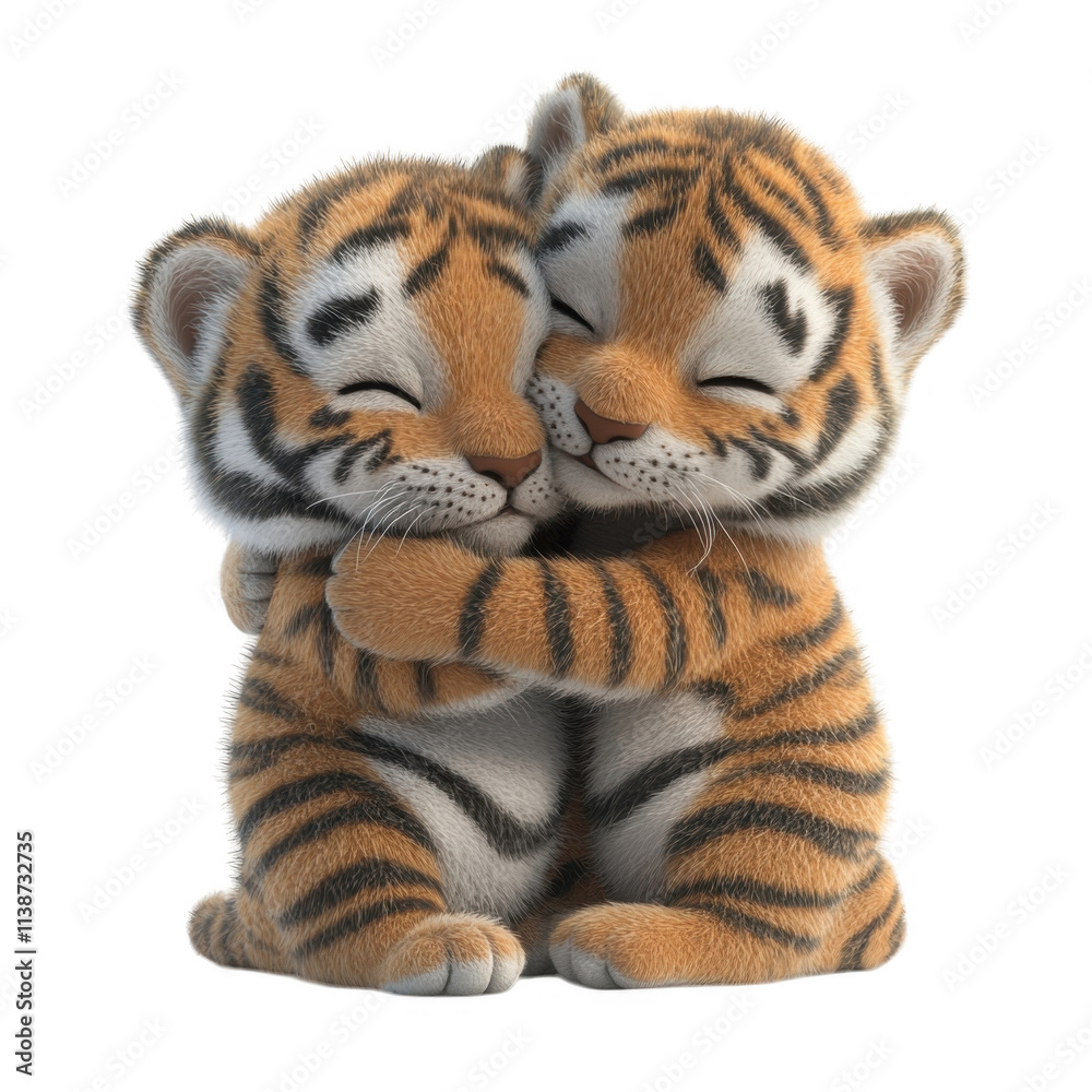 Fototapeta premium 3d icon valentine Adorable tiger cubs hugging embrace with closed eyes, displaying love and affection against a see through backdrop