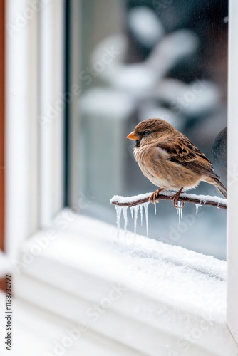 Small sparrow perched on icy branch outside a snow-covered window during winter day  
