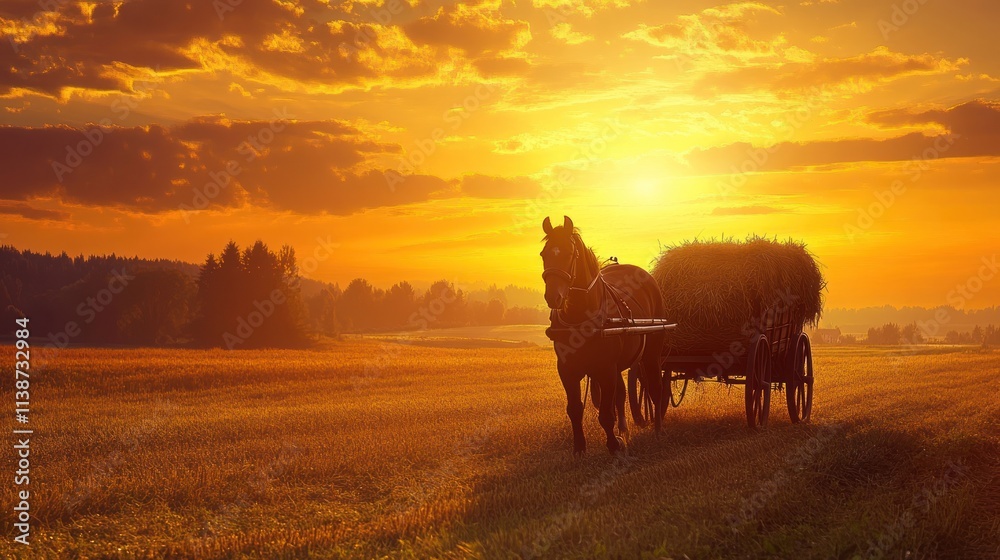 Horse pulling hay cart at sunset. Horse pulling hay cart at sunset.