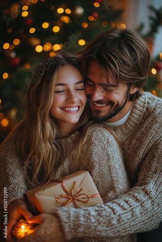 Couple embraces joy while holding a gift during the holiday season at night