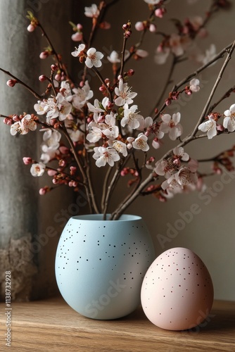 Decorative vase with cherry blossoms and pastel eggs on a window sill during ...