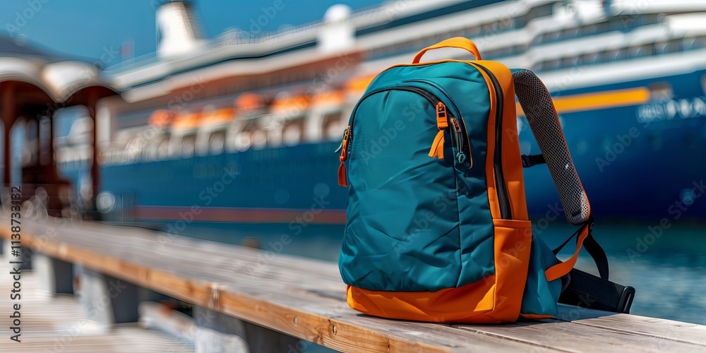 A vibrant teal and orange backpack rests on a wooden pier with a large ship in the background, evoking a sense of adventure and travel. A vibrant teal and orange backpack rests on a wooden pier with a large ship in the background, evoking a sense of adventure and travel.