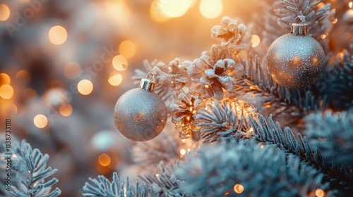 Decorative ornaments and lights illuminate a festive Christmas tree in a cozy...