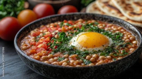 Healthy vegetarian platter featuring chickpeas, fresh vegetables, and yogurt ...