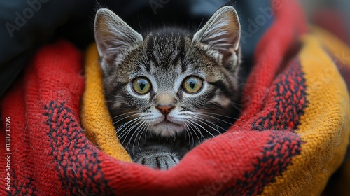 Cute kitten wrapped in colorful scarf indoors during winter season