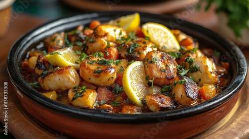 Shrimp stew with fresh ingredients served in an earthen pot with lemon slices