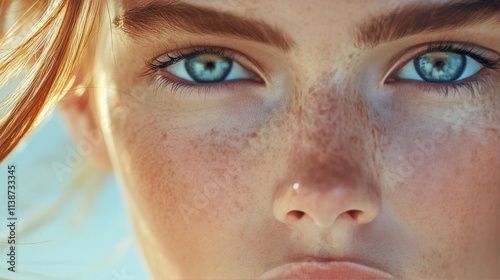 Close up of a young womans vibrant blue eyes with freckles and sunlit skin tones