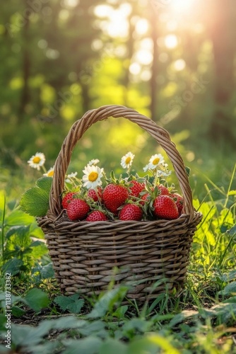 Fresh strawberries and daisies in a wicker basket illuminated by sunlight in ...