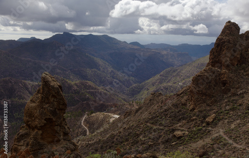 Gran Canaria, landscape of the central part of the island, Las Cumbres, ie The Summits, short hike between rock Formation Chimirique and iconic Roque Nublo