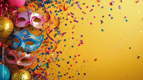 Colorful masks and party decorations on a vibrant yellow background create a ...