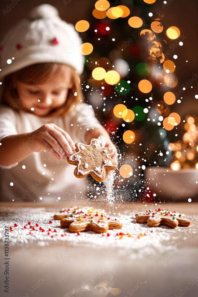 Little girl decorating Christmas cookies with powdered sugar, bokeh lights and festive holiday background