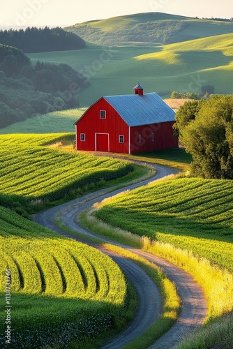 Red barn surrounded by lush green fields in a rural landscape during daytime