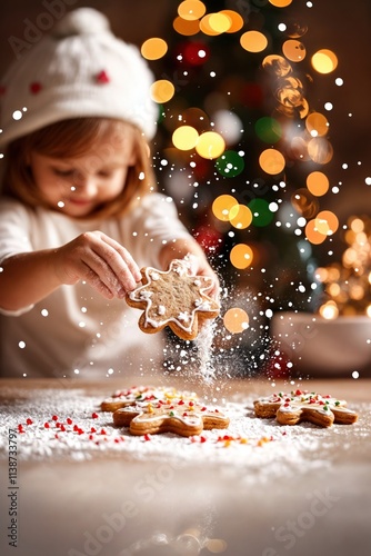 Obraz na płótnie Little girl decorating Christmas cookies with powdered sugar, bokeh lights and festive holiday background
w salonie