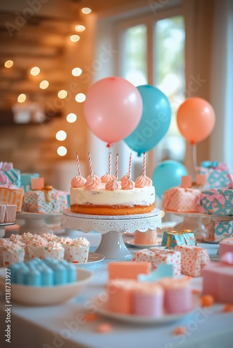 Celebration setup featuring colorful cake and decorations at a party venue