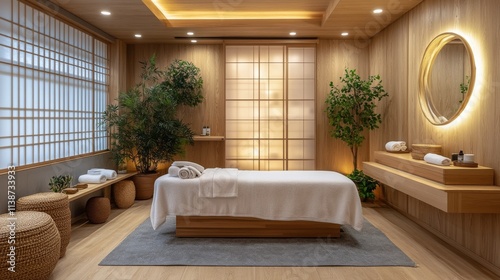 Spa room with natural light and tropical plants creating a serene atmosphere ...