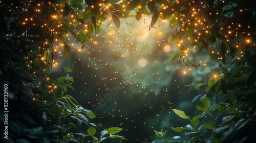 Golden leaves shimmer in a twilight forest with sparkling lights and blurred ...