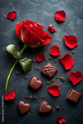 Delicious assortment of heart shaped chocolates on a decorative plate with ro...