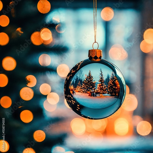Close-up of Christmas tree decoration, reflecting festive lights inside glass bauble
