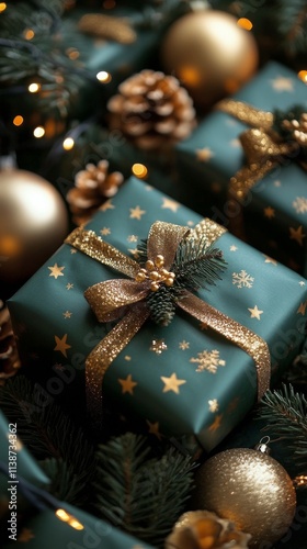 Beautifully wrapped Christmas gifts with elegant decorations and festive back...
