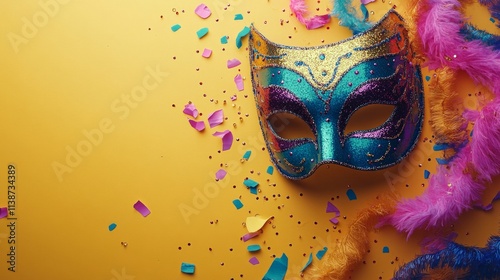 Colorful masks and party decorations on a vibrant yellow background create a ...